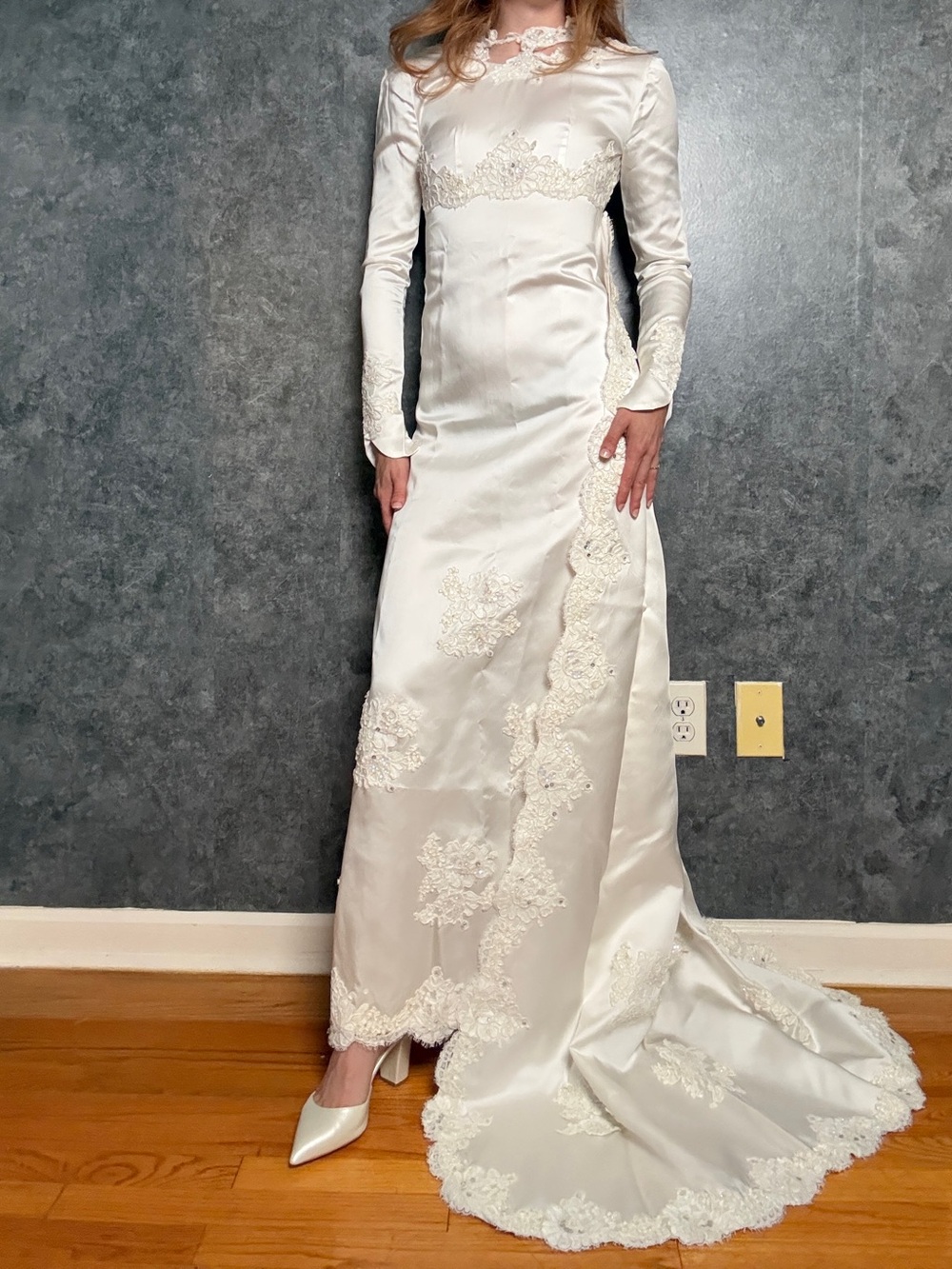 Ivory Lace-Trim Long Sleeve Satin Wedding Dress